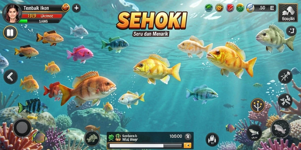 Tampilan gameplay SEHOKI saat menembak ikan berwarna-warni.