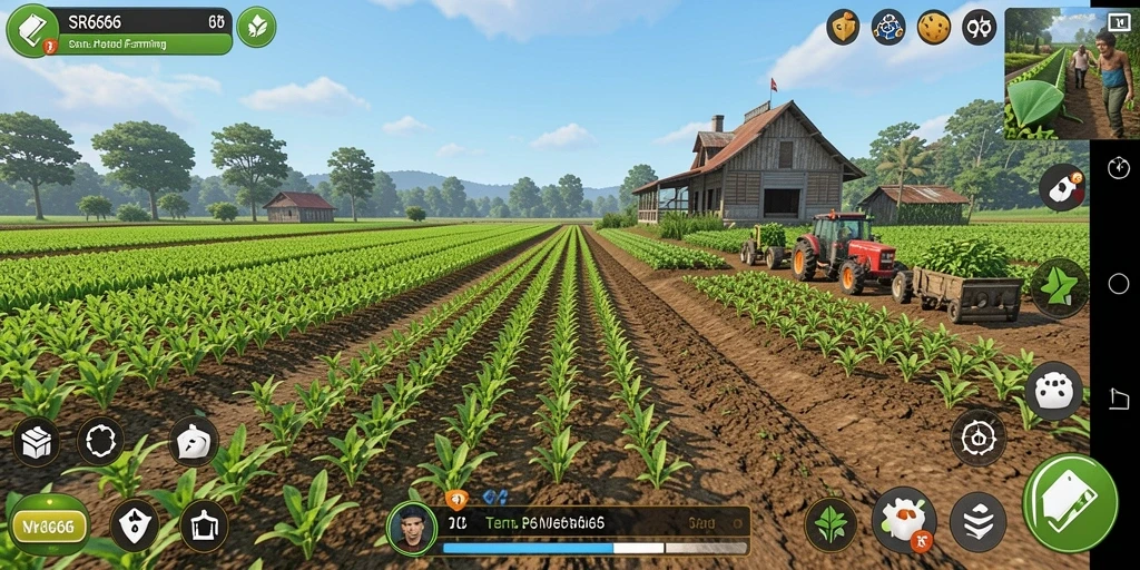 Screenshot utama SR6666 menampilkan ladang subur dengan tanaman hijau.